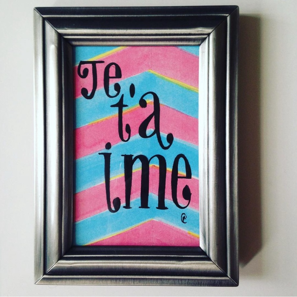 Je T'aime I Love You Artwork Original Handmade Painting on Paper Chevron Pattern